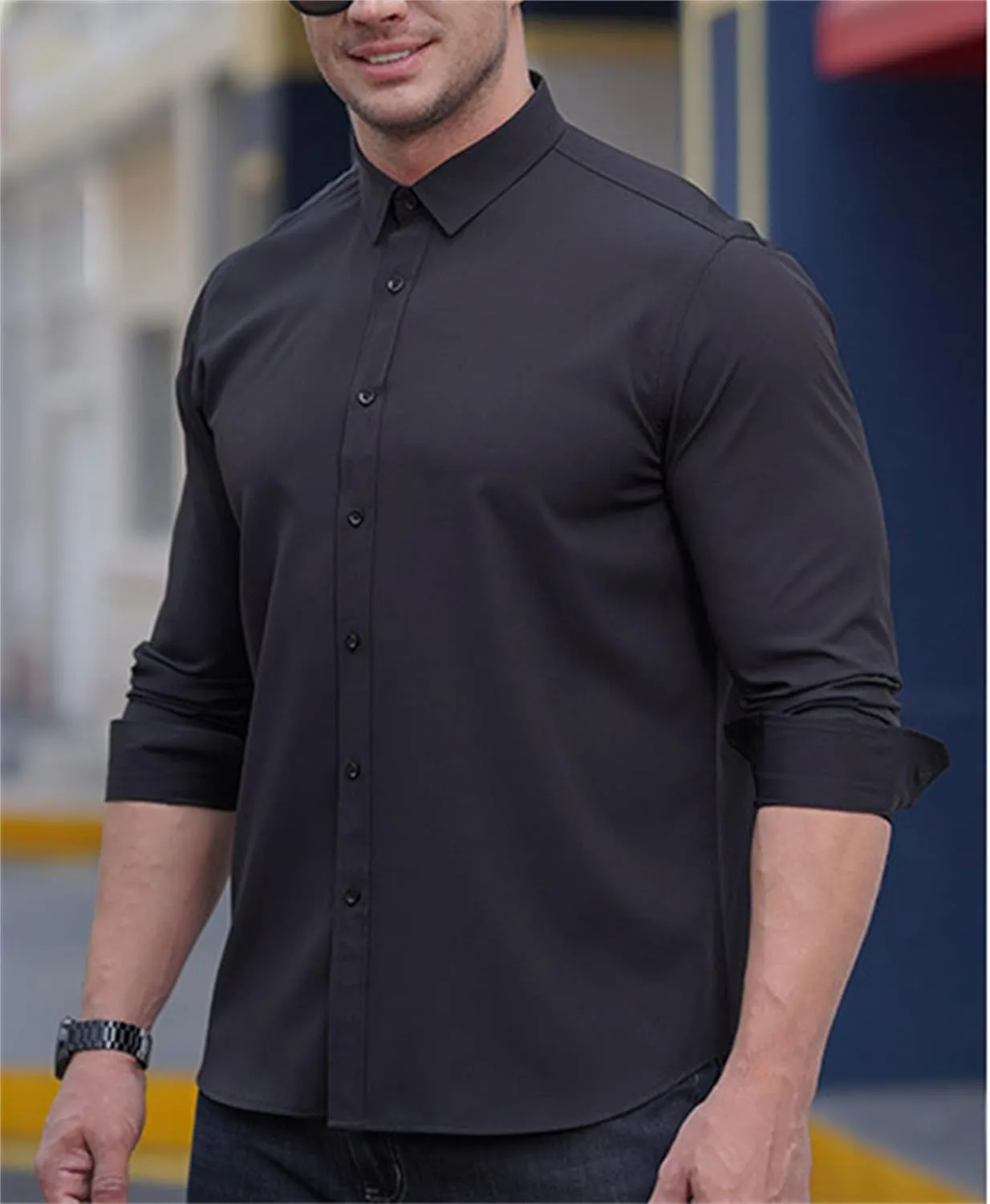 Andongnywell Men's Loose-Fit Wrinkle-Resistant Long-Sleeve Solid Dress Shirt Non Iron Business Casual Button Down Shirts