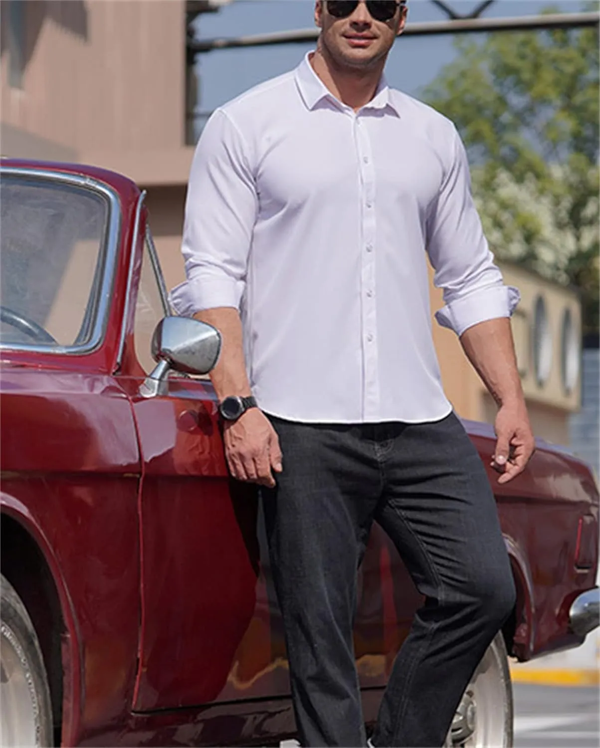 Andongnywell Men's Loose-Fit Wrinkle-Resistant Long-Sleeve Solid Dress Shirt Non Iron Business Casual Button Down Shirts