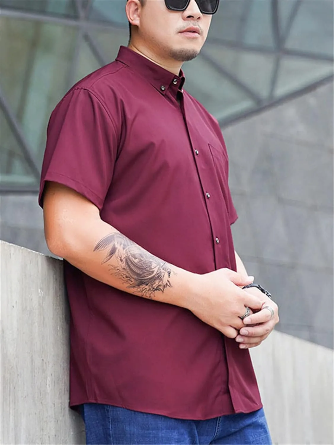 Andongnywell Men's Loose Wrinkle-Resistant Short-Sleeve Solid Dress Shirt Non Iron Business Casual Button Down Shirts L-10XL