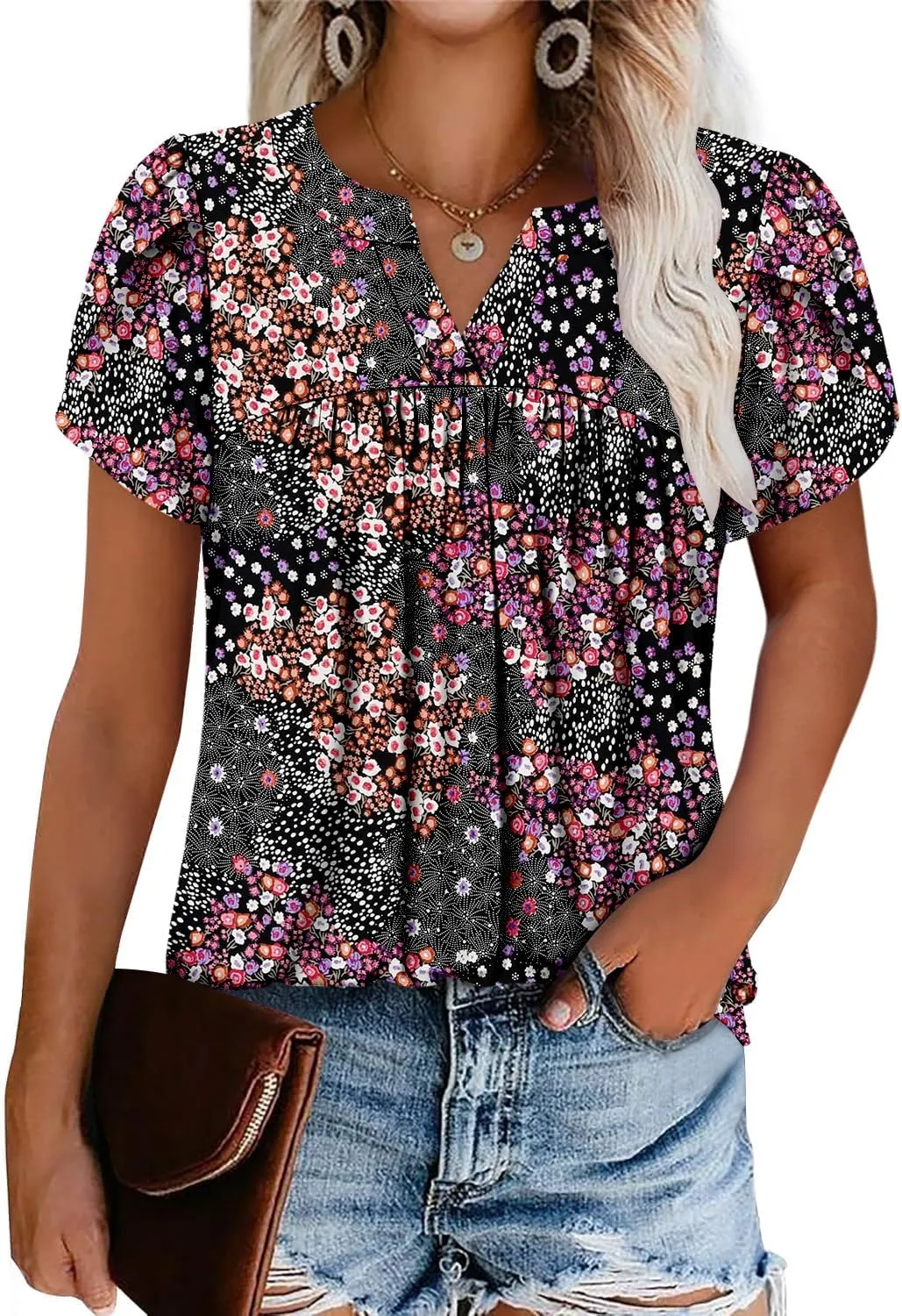 Angerella Womens Tunic Top T Shirts V Neck Short Sleeve Floral Print Trendy Dressy Casual Elegant Pleated Front Blouse