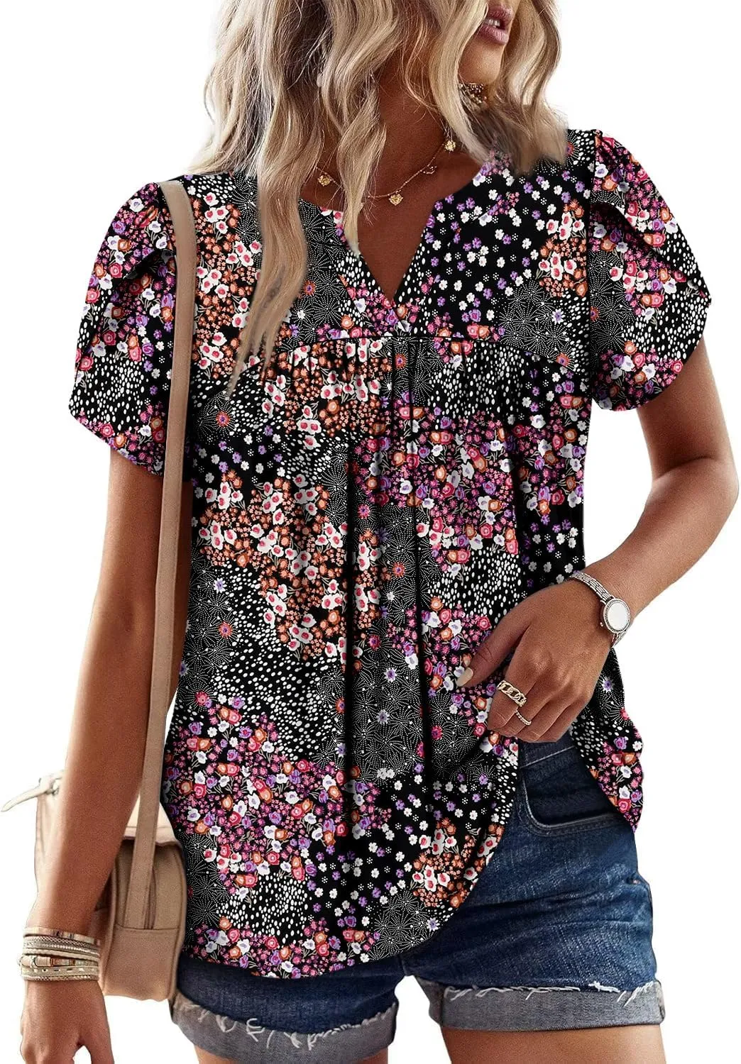 Angerella Womens Tunic Top T Shirts V Neck Short Sleeve Floral Print Trendy Dressy Casual Elegant Pleated Front Blouse