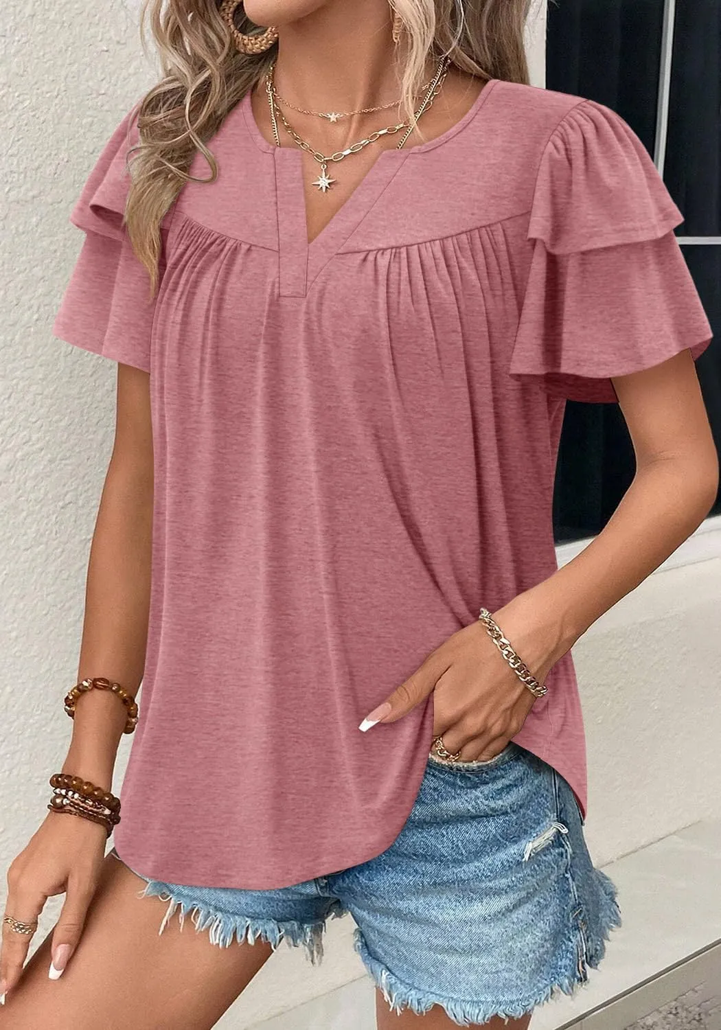 Angerella Womens Tunic Top T Shirts V Neck Short Sleeve Floral Print Trendy Dressy Casual Elegant Pleated Front Blouse