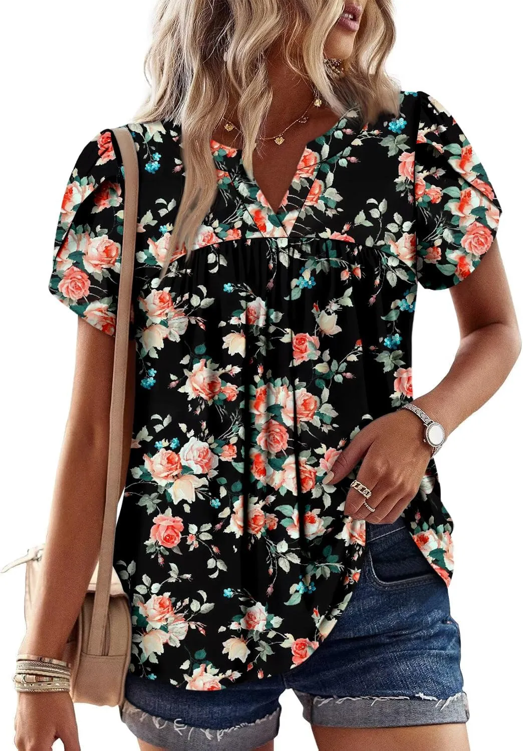 Angerella Womens Tunic Top T Shirts V Neck Short Sleeve Floral Print Trendy Dressy Casual Elegant Pleated Front Blouse