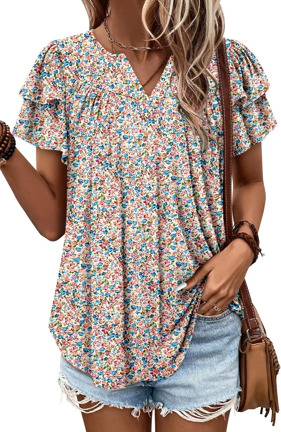 Angerella Womens Tunic Top T Shirts V Neck Short Sleeve Floral Print Trendy Dressy Casual Elegant Pleated Front Blouse
