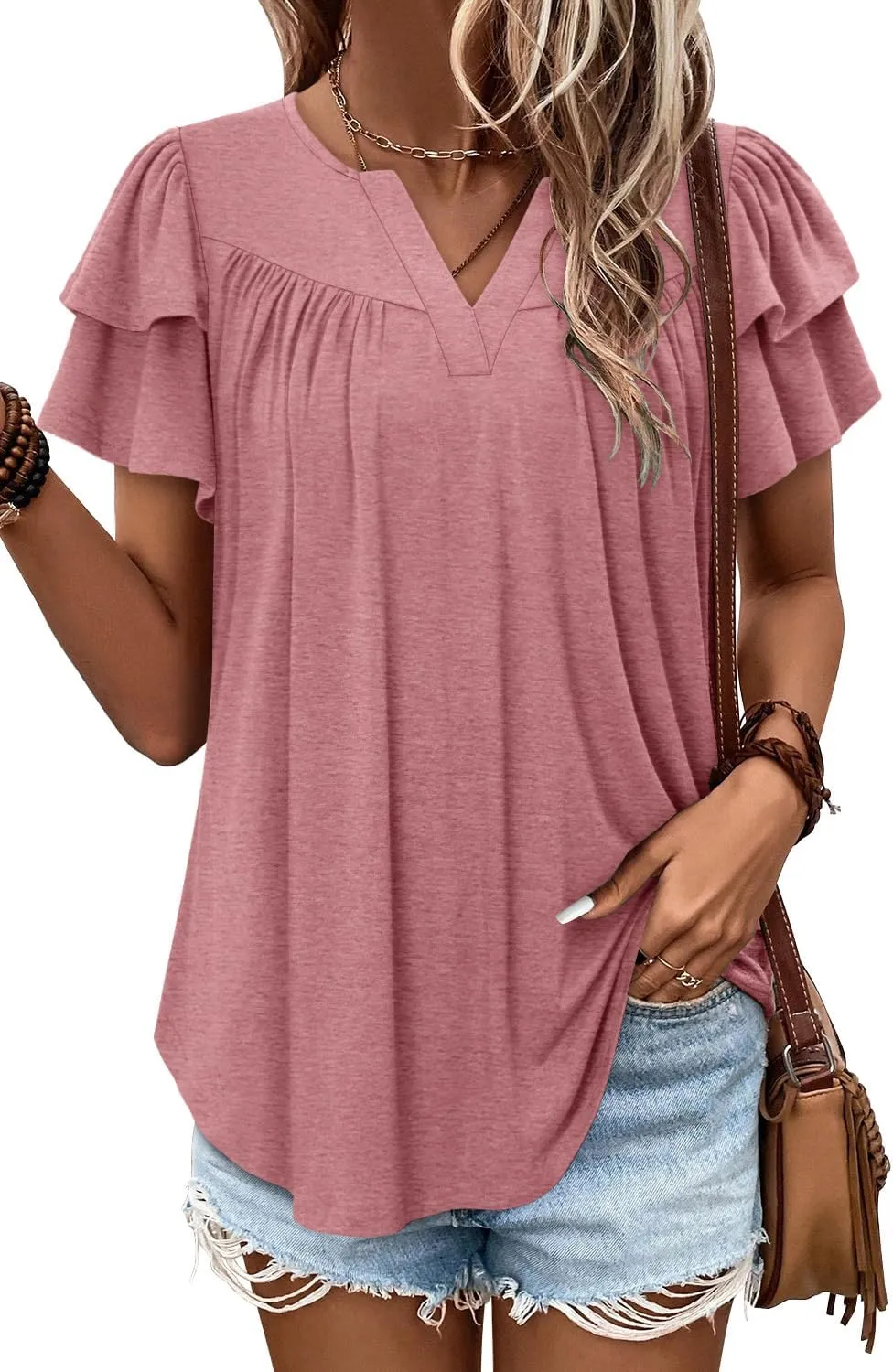 Angerella Womens Tunic Top T Shirts V Neck Short Sleeve Floral Print Trendy Dressy Casual Elegant Pleated Front Blouse
