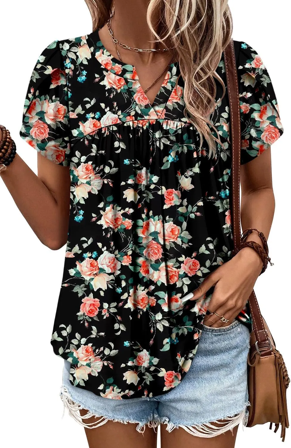 Angerella Womens Tunic Top T Shirts V Neck Short Sleeve Floral Print Trendy Dressy Casual Elegant Pleated Front Blouse