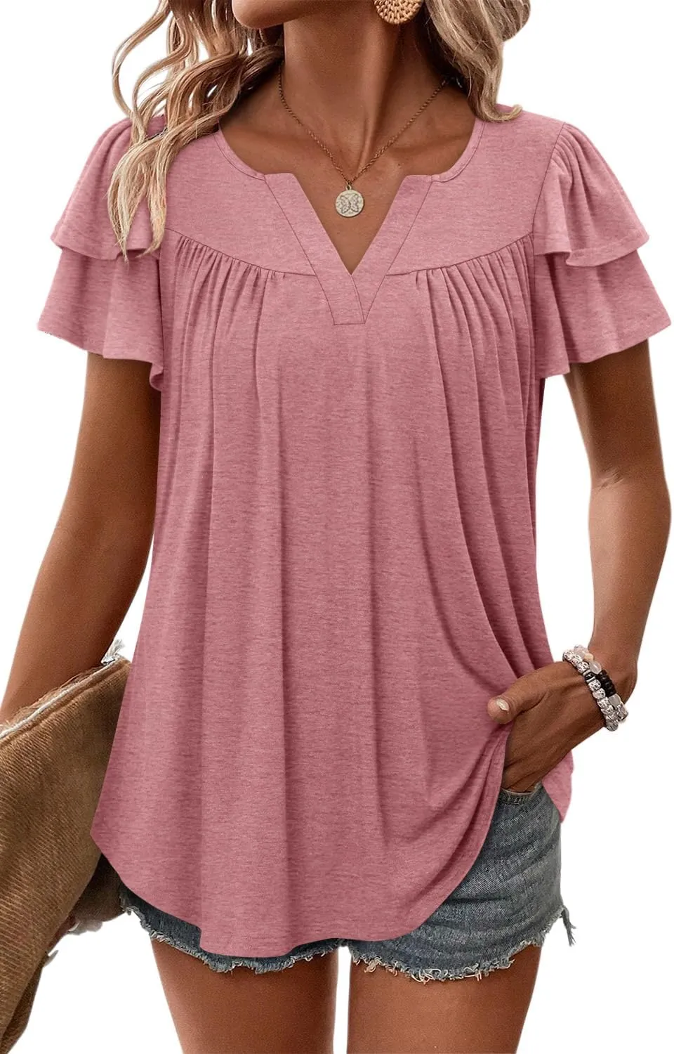 Angerella Womens Tunic Top T Shirts V Neck Short Sleeve Floral Print Trendy Dressy Casual Elegant Pleated Front Blouse