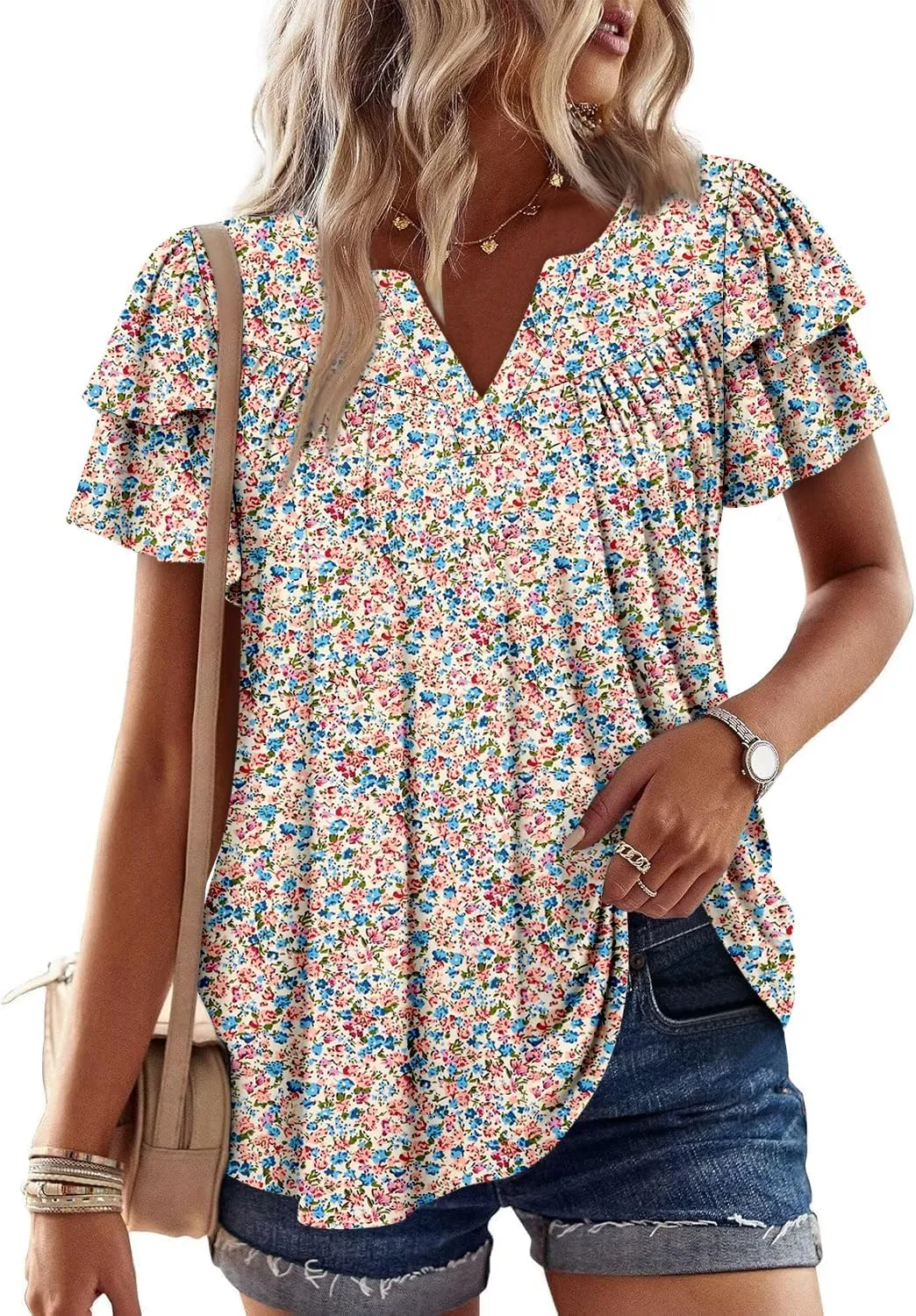 Angerella Womens Tunic Top T Shirts V Neck Short Sleeve Floral Print Trendy Dressy Casual Elegant Pleated Front Blouse