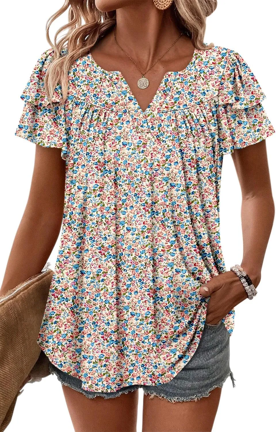 Angerella Womens Tunic Top T Shirts V Neck Short Sleeve Floral Print Trendy Dressy Casual Elegant Pleated Front Blouse