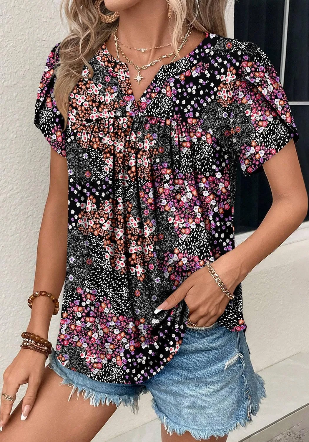 Angerella Womens Tunic Top T Shirts V Neck Short Sleeve Floral Print Trendy Dressy Casual Elegant Pleated Front Blouse