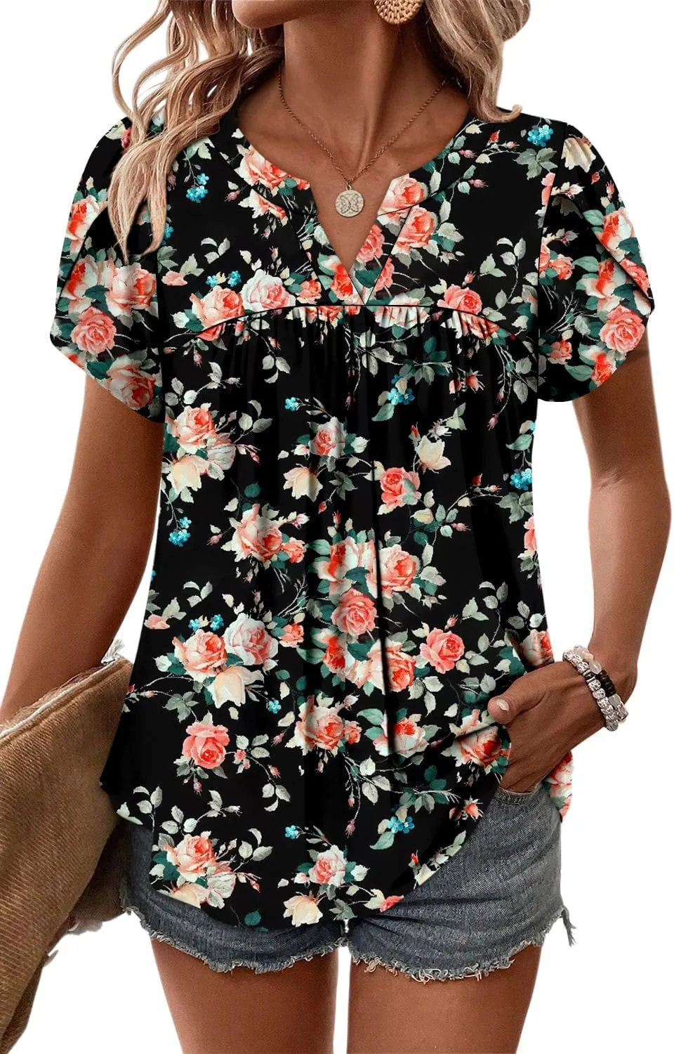 Angerella Womens Tunic Top T Shirts V Neck Short Sleeve Floral Print Trendy Dressy Casual Elegant Pleated Front Blouse
