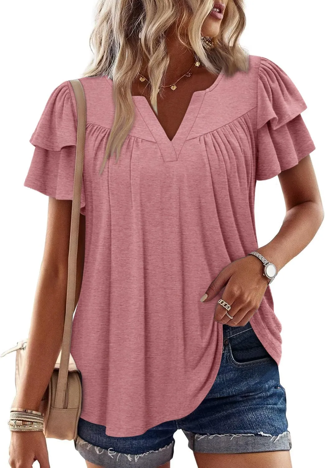 Angerella Womens Tunic Top T Shirts V Neck Short Sleeve Floral Print Trendy Dressy Casual Elegant Pleated Front Blouse