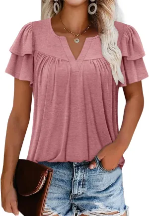 Angerella Womens Tunic Top T Shirts V Neck Short Sleeve Floral Print Trendy Dressy Casual Elegant Pleated Front Blouse