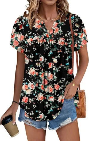Angerella Womens Tunic Top T Shirts V Neck Short Sleeve Floral Print Trendy Dressy Casual Elegant Pleated Front Blouse