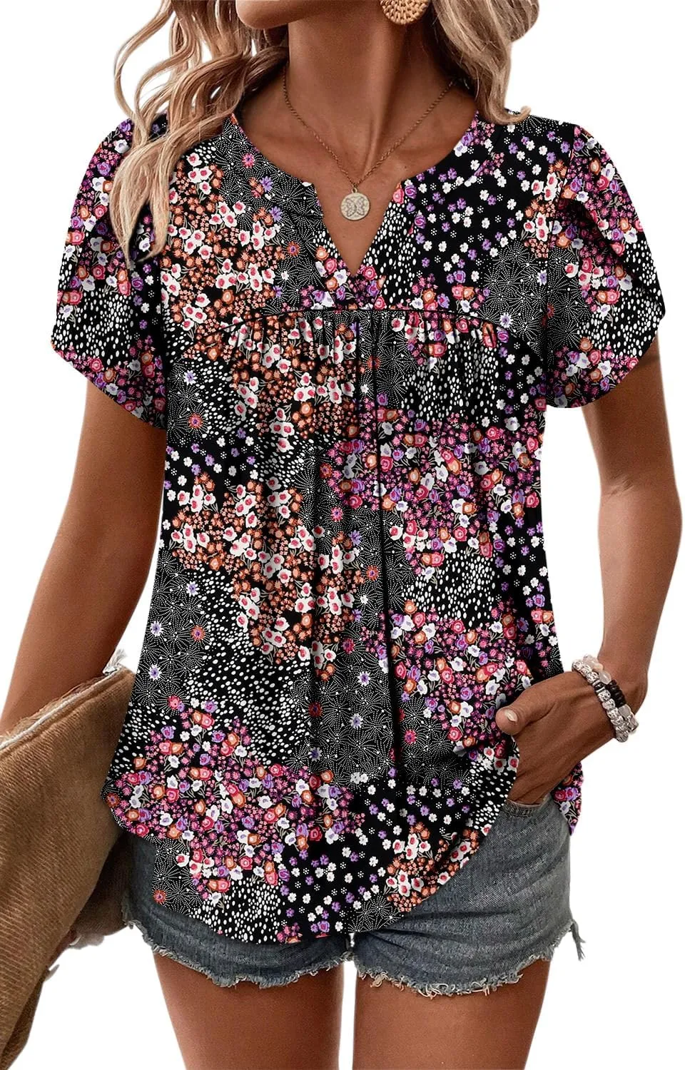 Angerella Womens Tunic Top T Shirts V Neck Short Sleeve Floral Print Trendy Dressy Casual Elegant Pleated Front Blouse