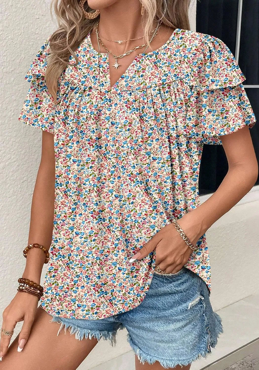 Angerella Womens Tunic Top T Shirts V Neck Short Sleeve Floral Print Trendy Dressy Casual Elegant Pleated Front Blouse