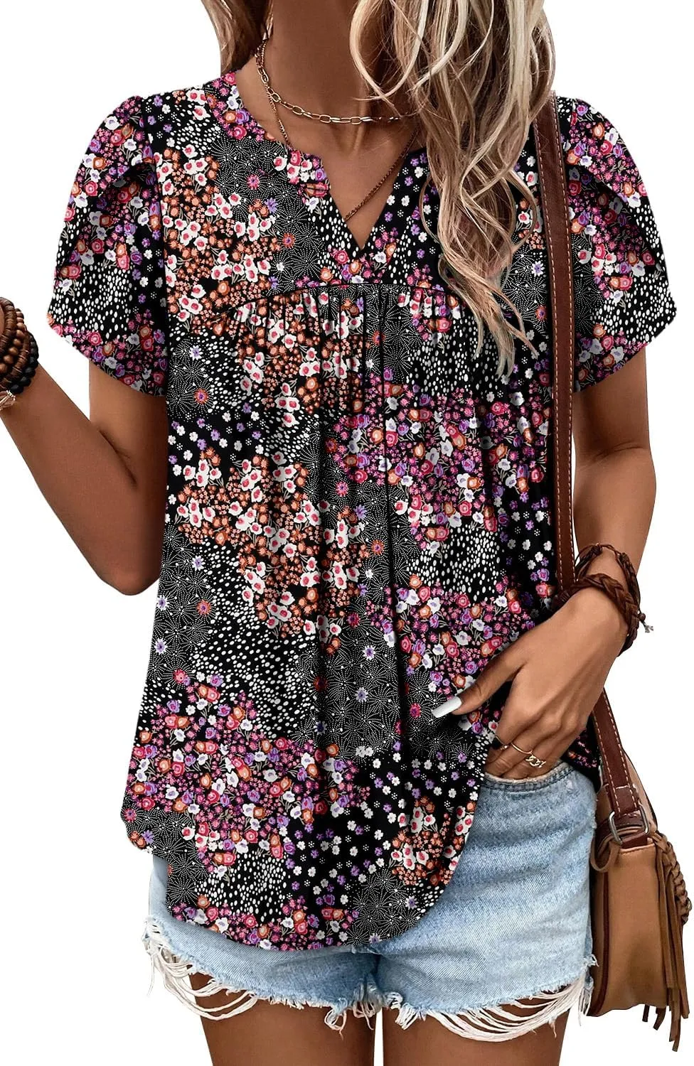 Angerella Womens Tunic Top T Shirts V Neck Short Sleeve Floral Print Trendy Dressy Casual Elegant Pleated Front Blouse