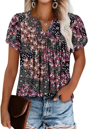 Angerella Womens Tunic Top T Shirts V Neck Short Sleeve Floral Print Trendy Dressy Casual Elegant Pleated Front Blouse