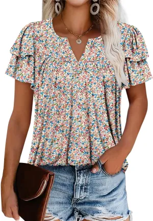 Angerella Womens Tunic Top T Shirts V Neck Short Sleeve Floral Print Trendy Dressy Casual Elegant Pleated Front Blouse