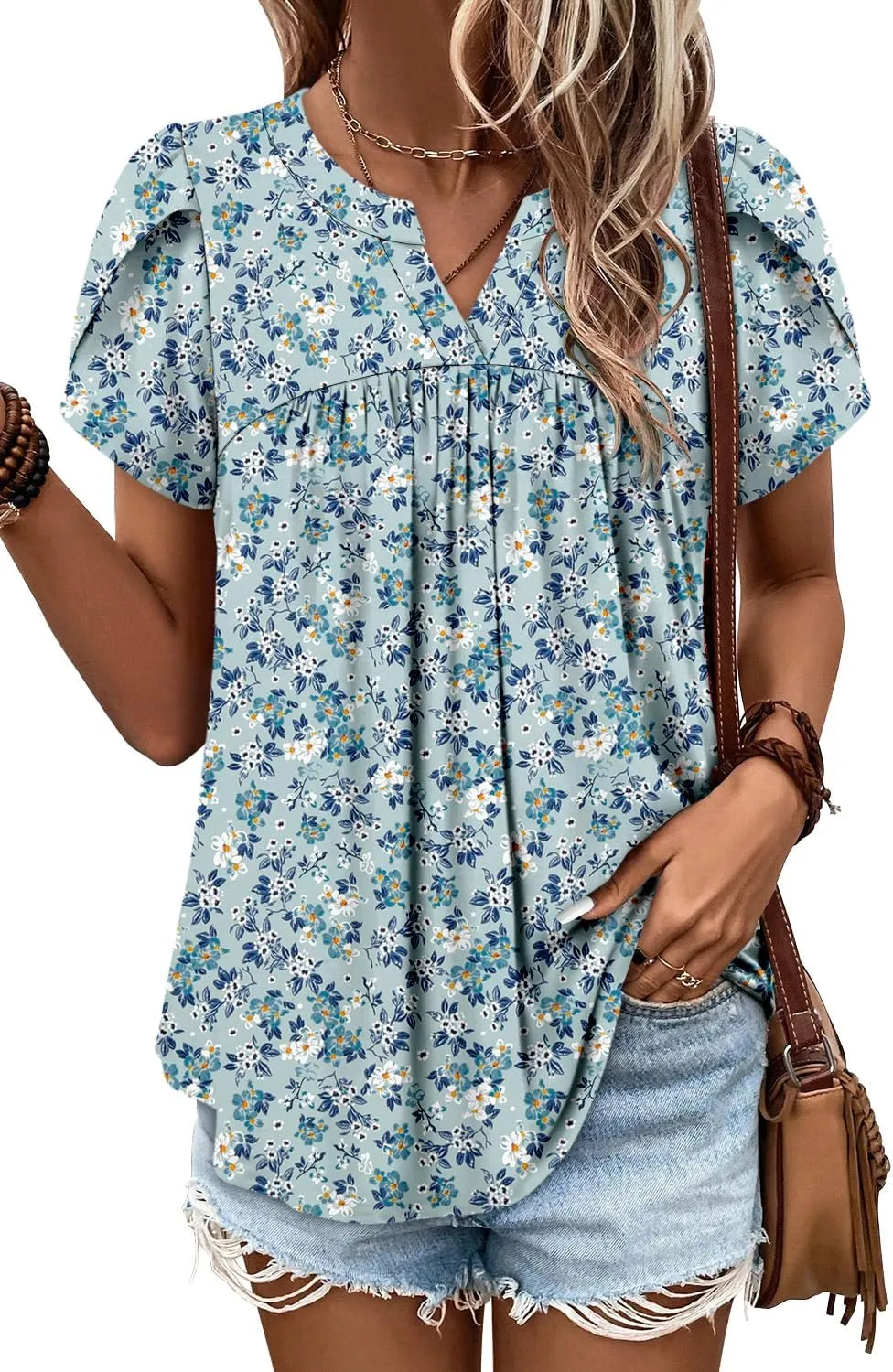 Angerella Womens Tunic Top T Shirts V Neck Short Sleeve Floral Print Trendy Dressy Casual Elegant Pleated Front Blouse
