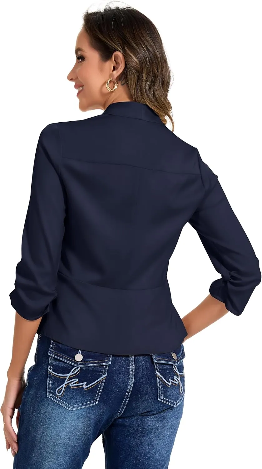 Anienaya Women's Silky Satin Lightweight Blazer 3/4 Ruched Sleeve Casual Cropped Open Front Cardigan