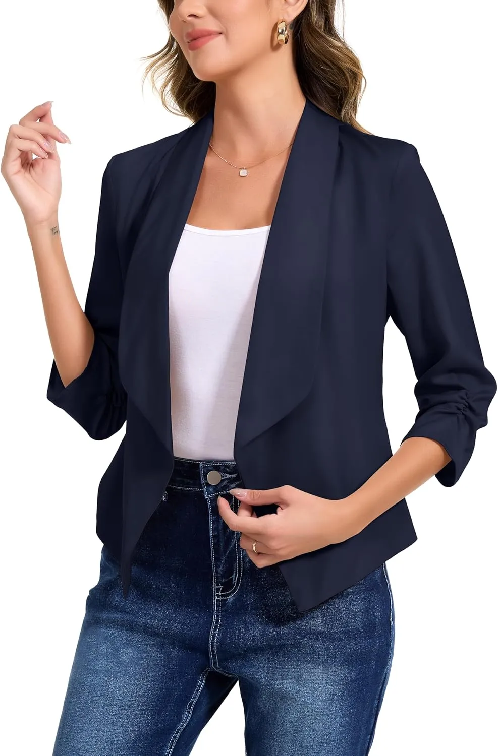 Anienaya Women's Silky Satin Lightweight Blazer 3/4 Ruched Sleeve Casual Cropped Open Front Cardigan