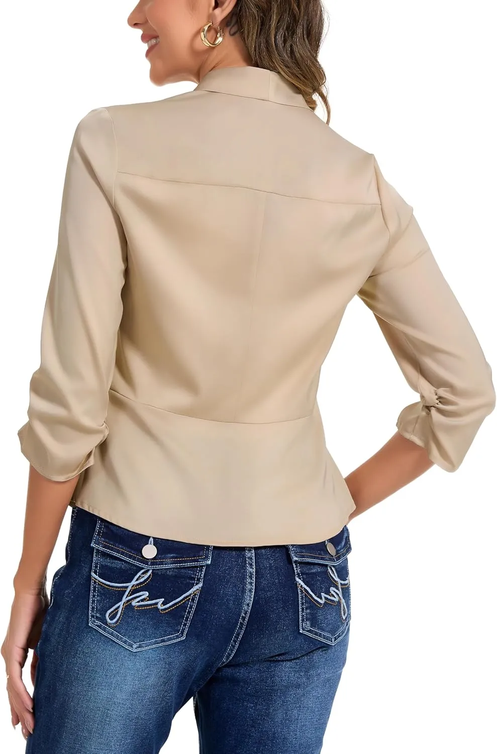 Anienaya Women's Silky Satin Lightweight Blazer 3/4 Ruched Sleeve Casual Cropped Open Front Cardigan