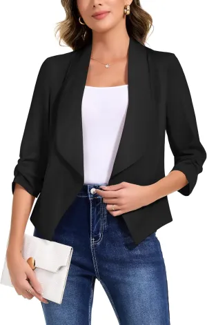 Anienaya Women's Silky Satin Lightweight Blazer 3/4 Ruched Sleeve Casual Cropped Open Front Cardigan