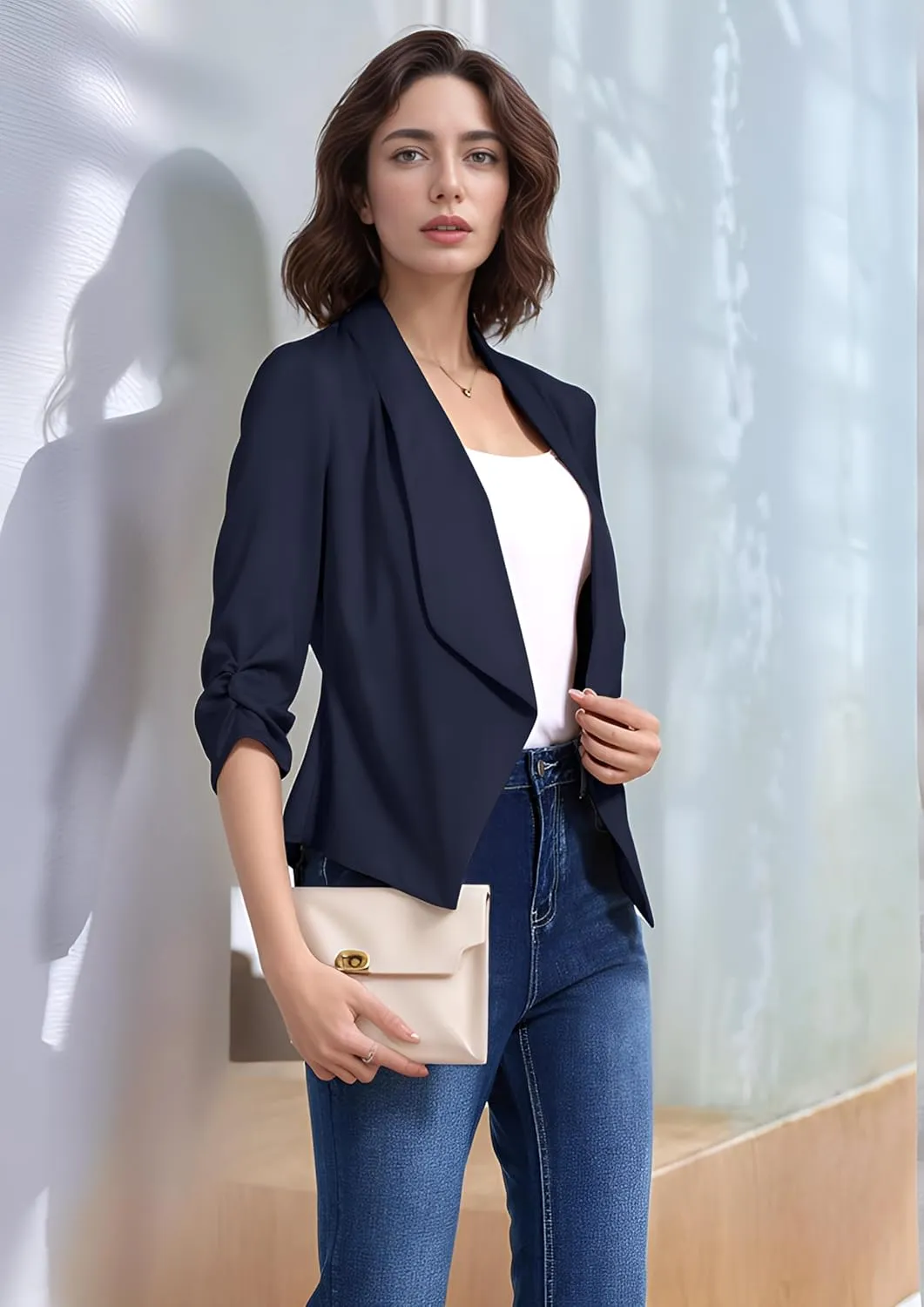 Anienaya Women's Silky Satin Lightweight Blazer 3/4 Ruched Sleeve Casual Cropped Open Front Cardigan