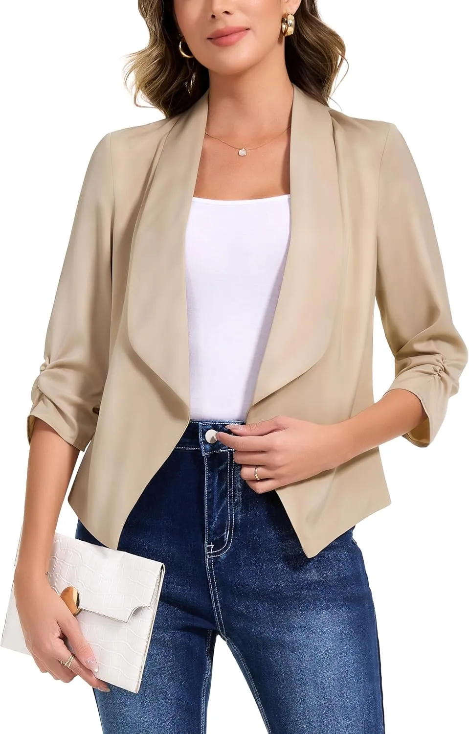 Anienaya Women's Silky Satin Lightweight Blazer 3/4 Ruched Sleeve Casual Cropped Open Front Cardigan
