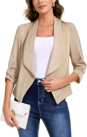 Anienaya Women's Silky Satin Lightweight Blazer 3/4 Ruched Sleeve Casual Cropped Open Front Cardigan