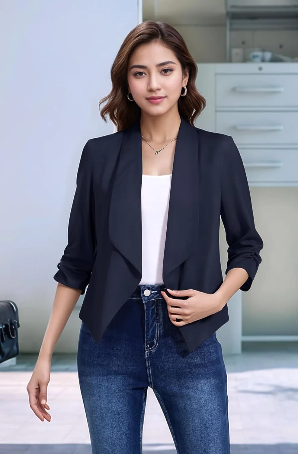 Anienaya Women's Silky Satin Lightweight Blazer 3/4 Ruched Sleeve Casual Cropped Open Front Cardigan