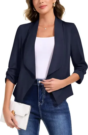 Anienaya Women's Silky Satin Lightweight Blazer 3/4 Ruched Sleeve Casual Cropped Open Front Cardigan