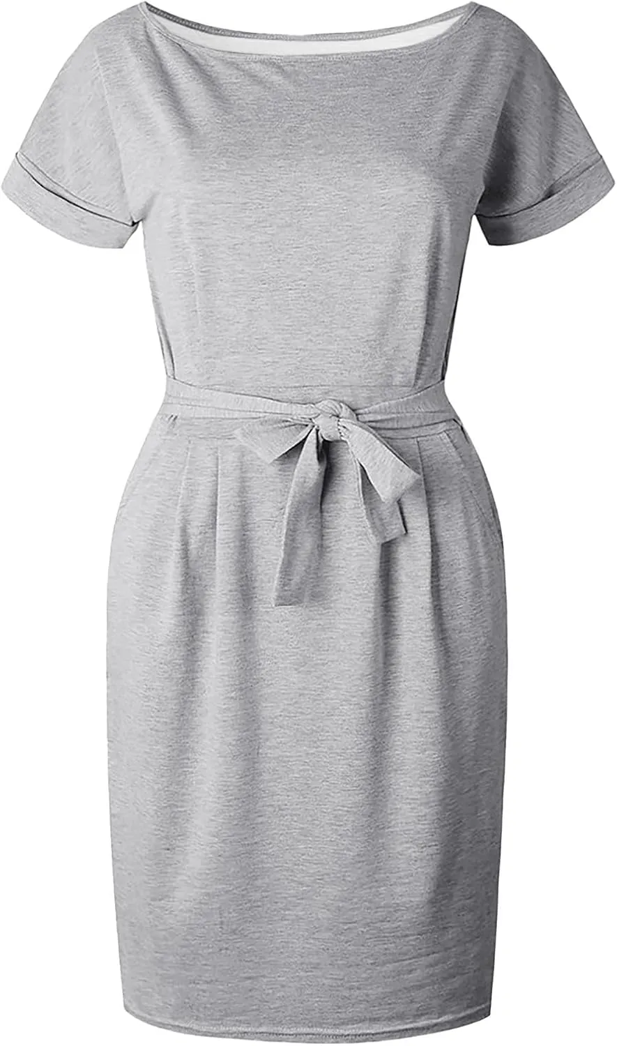 Aniywn Women's Summer Elegant Striped Short Sleeve T Shirt Dress Casual Tie Waist Slim Fit Midi Dress with Pockets