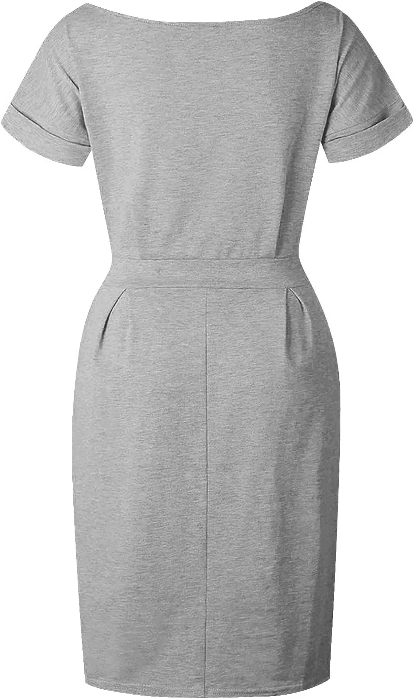 Aniywn Women's Summer Elegant Striped Short Sleeve T Shirt Dress Casual Tie Waist Slim Fit Midi Dress with Pockets