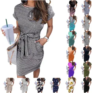 Aniywn Women's Summer Elegant Striped Short Sleeve T Shirt Dress Casual Tie Waist Slim Fit Midi Dress with Pockets