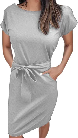 Aniywn Women's Summer Elegant Striped Short Sleeve T Shirt Dress Casual Tie Waist Slim Fit Midi Dress with Pockets