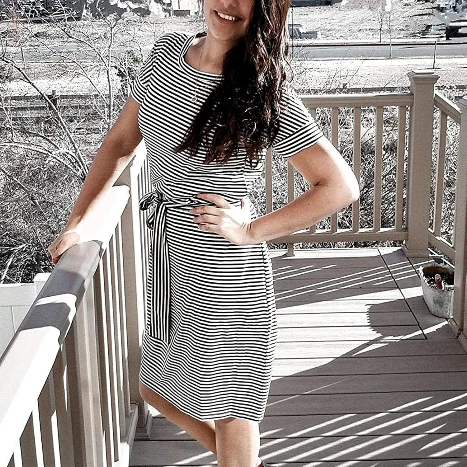 Aniywn Women's Summer Elegant Striped Short Sleeve T Shirt Dress Casual Tie Waist Slim Fit Midi Dress with Pockets