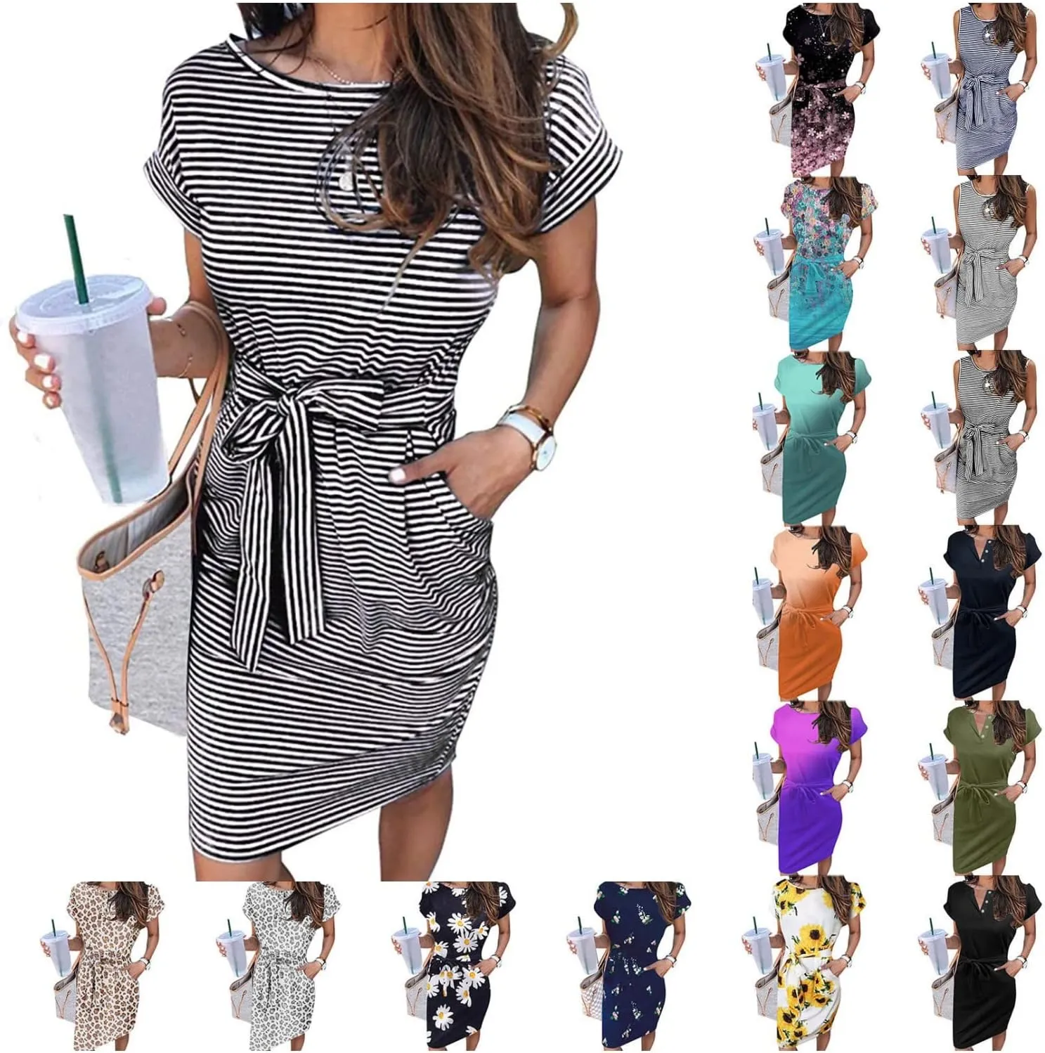 Aniywn Women's Summer Elegant Striped Short Sleeve T Shirt Dress Casual Tie Waist Slim Fit Midi Dress with Pockets
