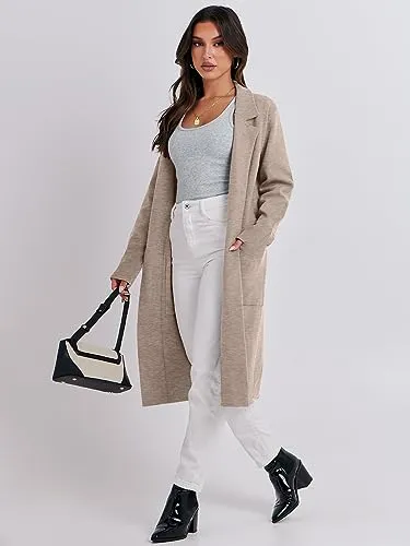 ANRABESS Long Sweater Cardigan Women Knit Open Front Coat Fall and Winter Casual Soft Coatigan Jacket 2023 Trendy Duster Outwear Clothes 1065hongkaqi-M Light Khaki