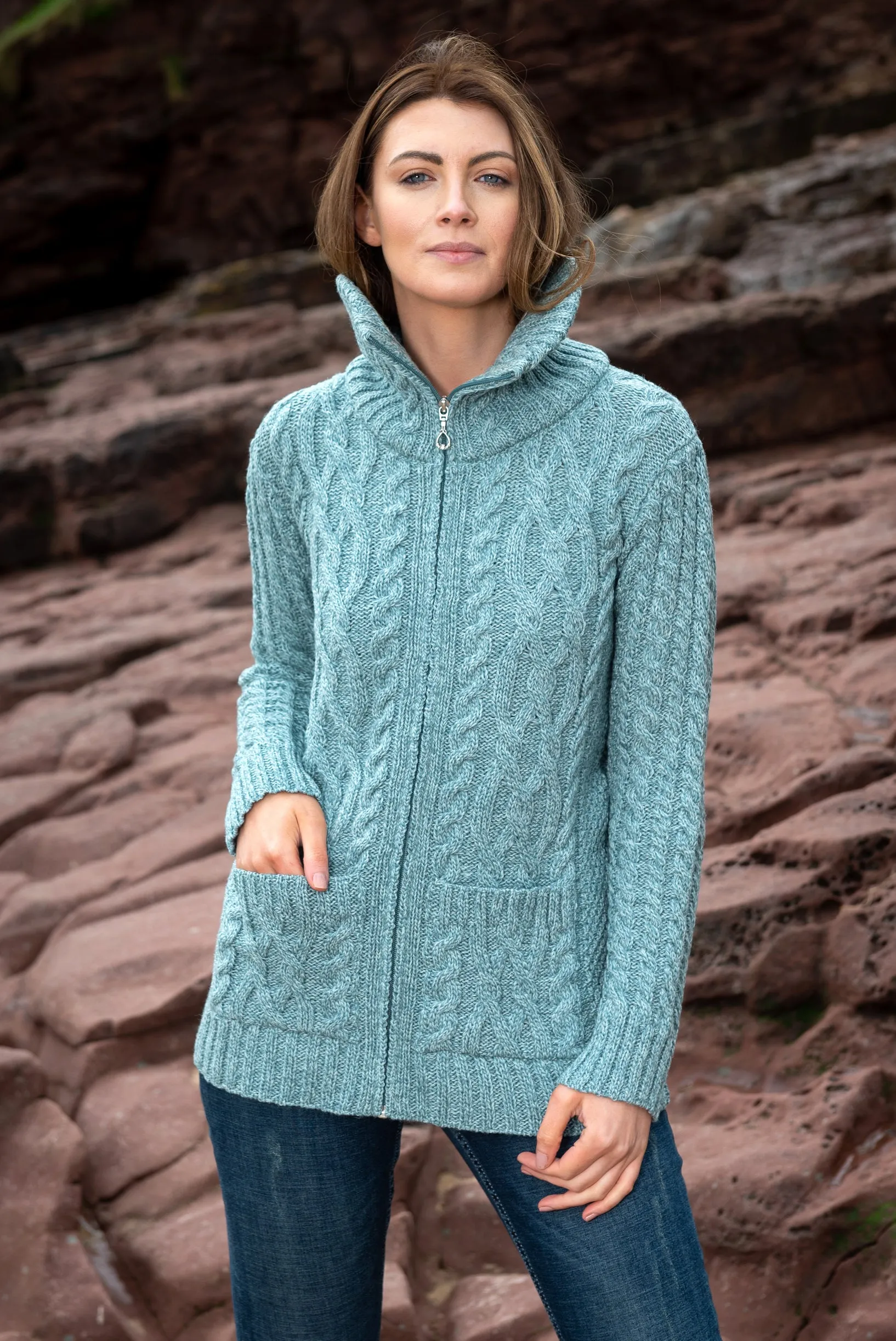 Aran Claddagh Zip Cardigan | Aqua