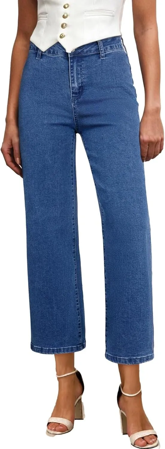 Astylish Womens High Waisted Jeans Stretchy Wide Leg Straight Trendy 2025 Summer Ankle Denim Pants No Front Pockets