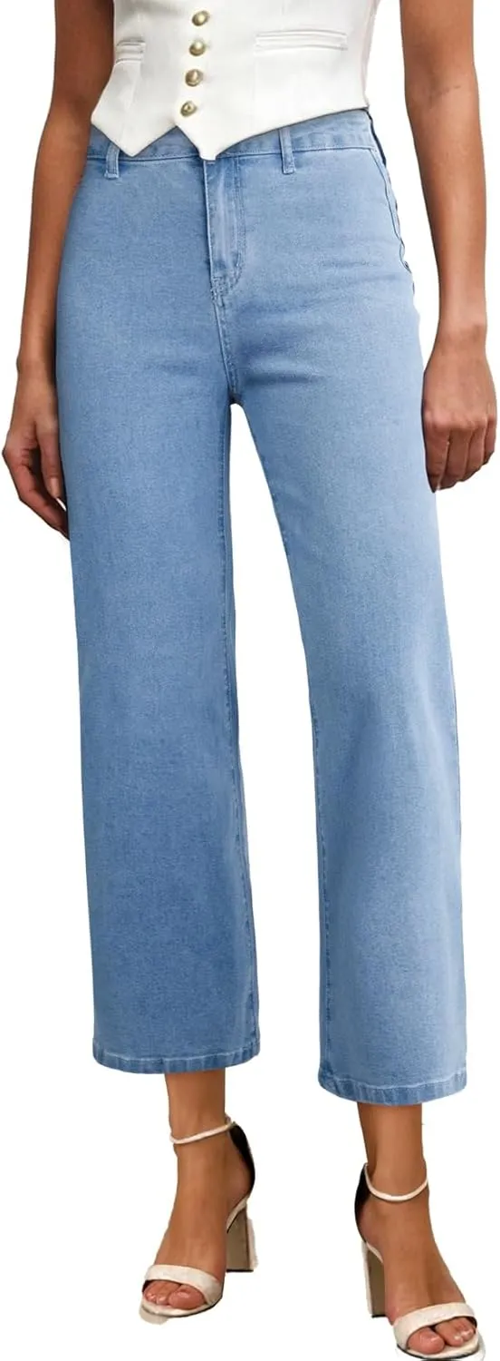 Astylish Womens High Waisted Jeans Stretchy Wide Leg Straight Trendy 2025 Summer Ankle Denim Pants No Front Pockets