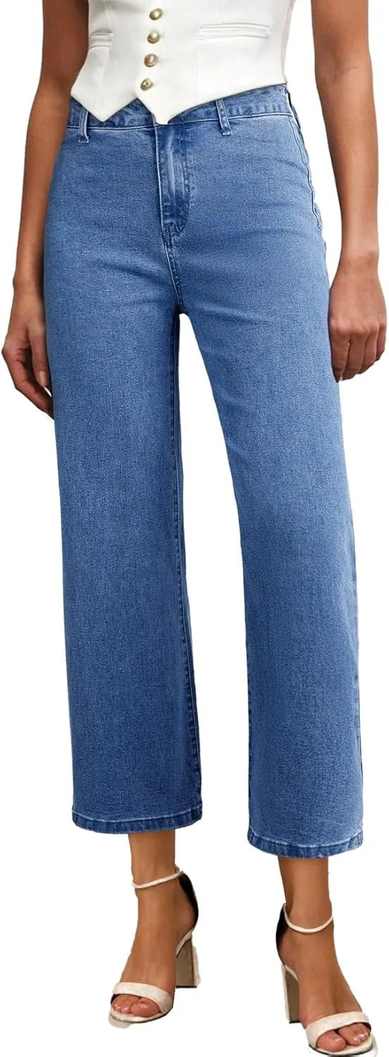 Astylish Womens High Waisted Jeans Stretchy Wide Leg Straight Trendy 2025 Summer Ankle Denim Pants No Front Pockets