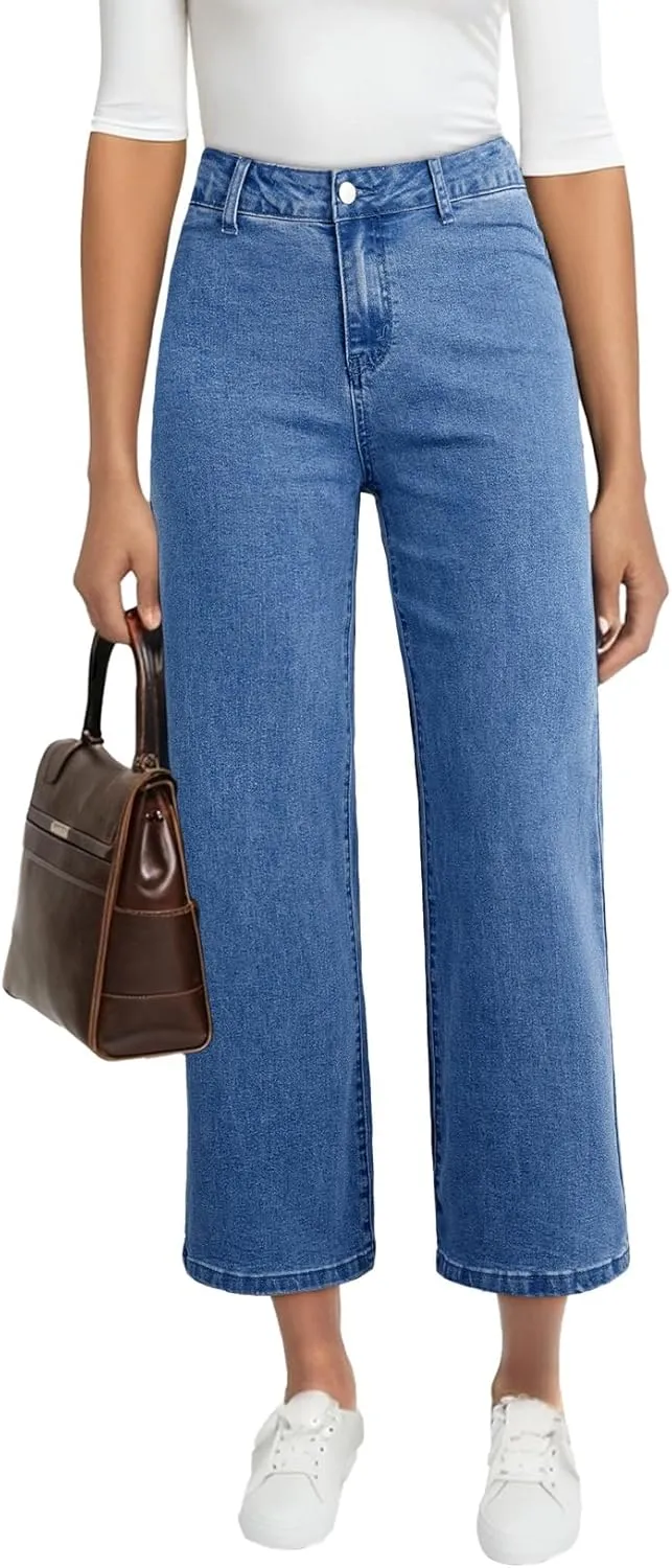 Astylish Womens High Waisted Jeans Stretchy Wide Leg Straight Trendy 2025 Summer Ankle Denim Pants No Front Pockets