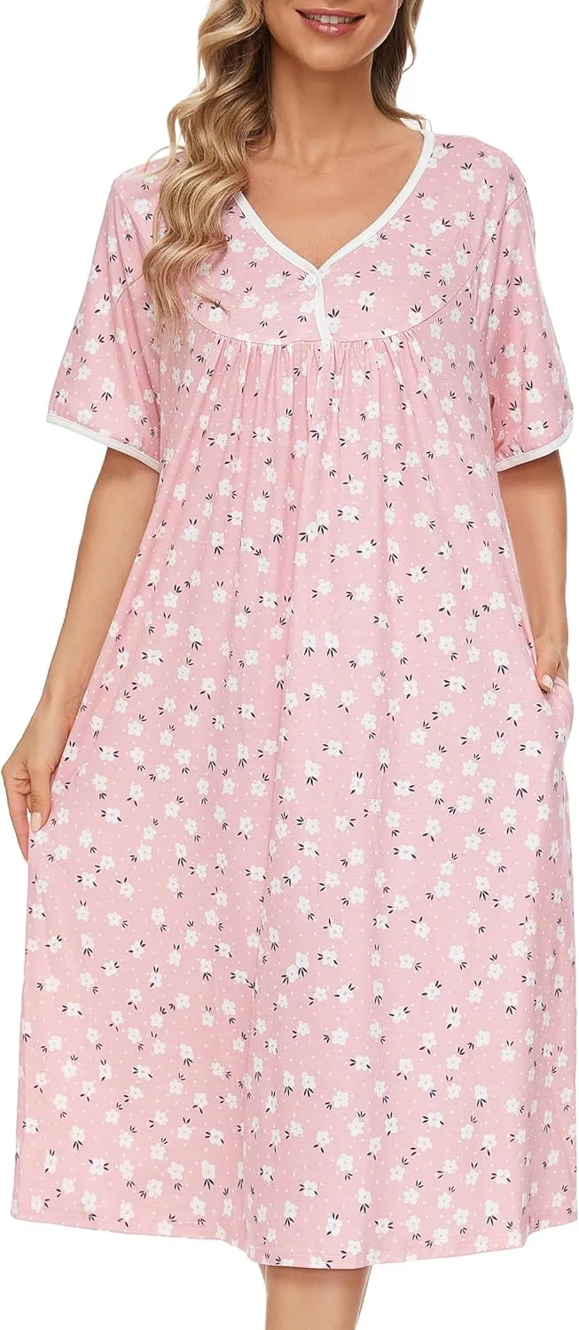 AVIIER Nightgows for Women Soft Cotton Night Shirts Short Sleeve Sleepwear with Pockets