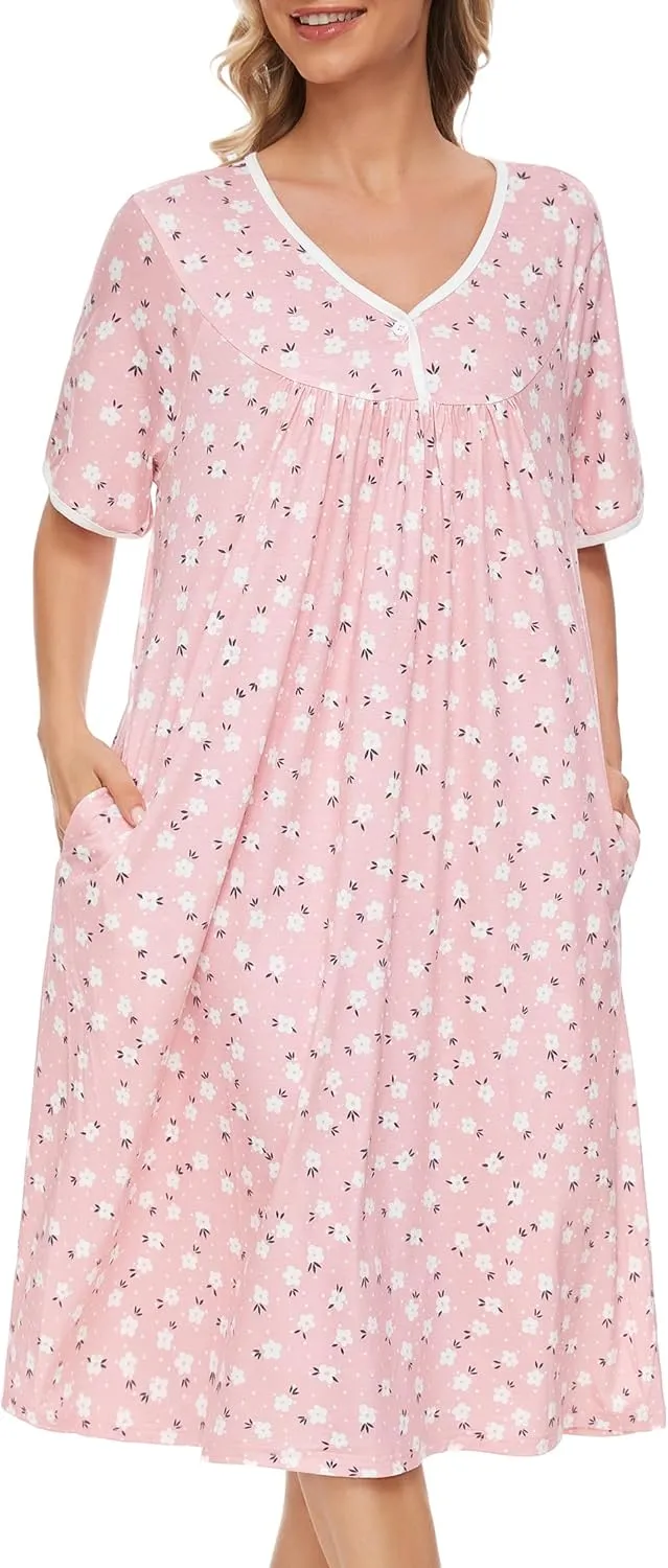 AVIIER Nightgows for Women Soft Cotton Night Shirts Short Sleeve Sleepwear with Pockets