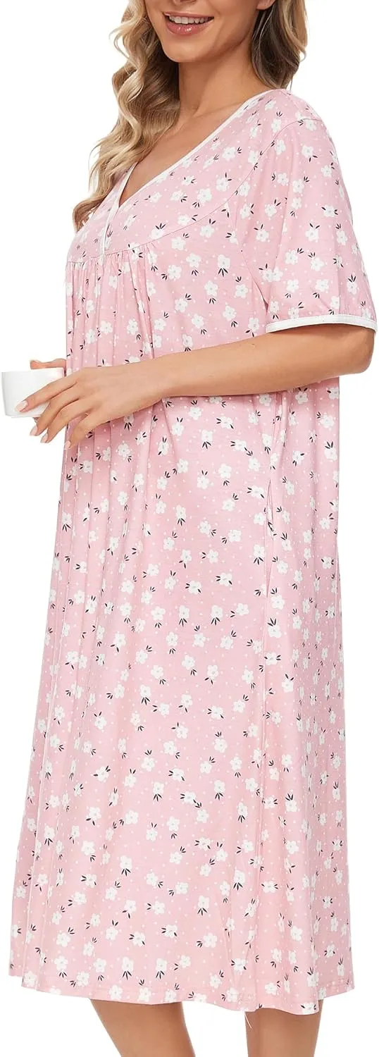 AVIIER Nightgows for Women Soft Cotton Night Shirts Short Sleeve Sleepwear with Pockets