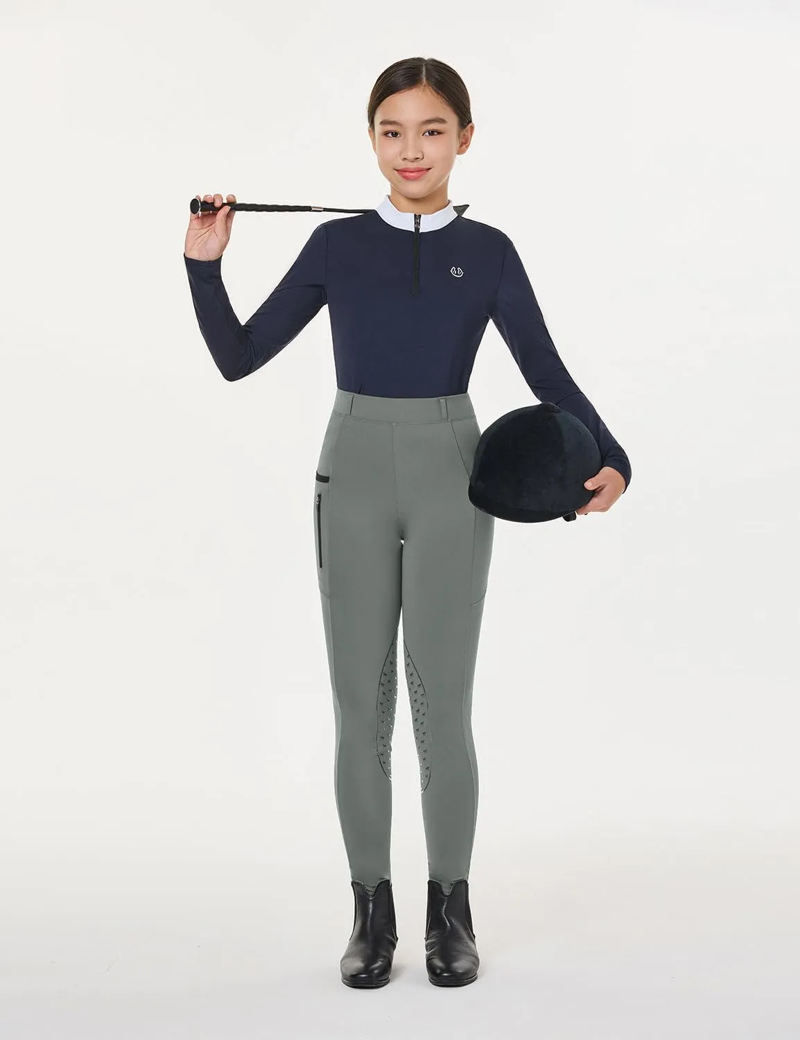 baleaf Girls Horse Riding Pants Kids Equestrian Breeches Belt Loops Knee-Patch Youth Schooling Tights Zipper Pocket