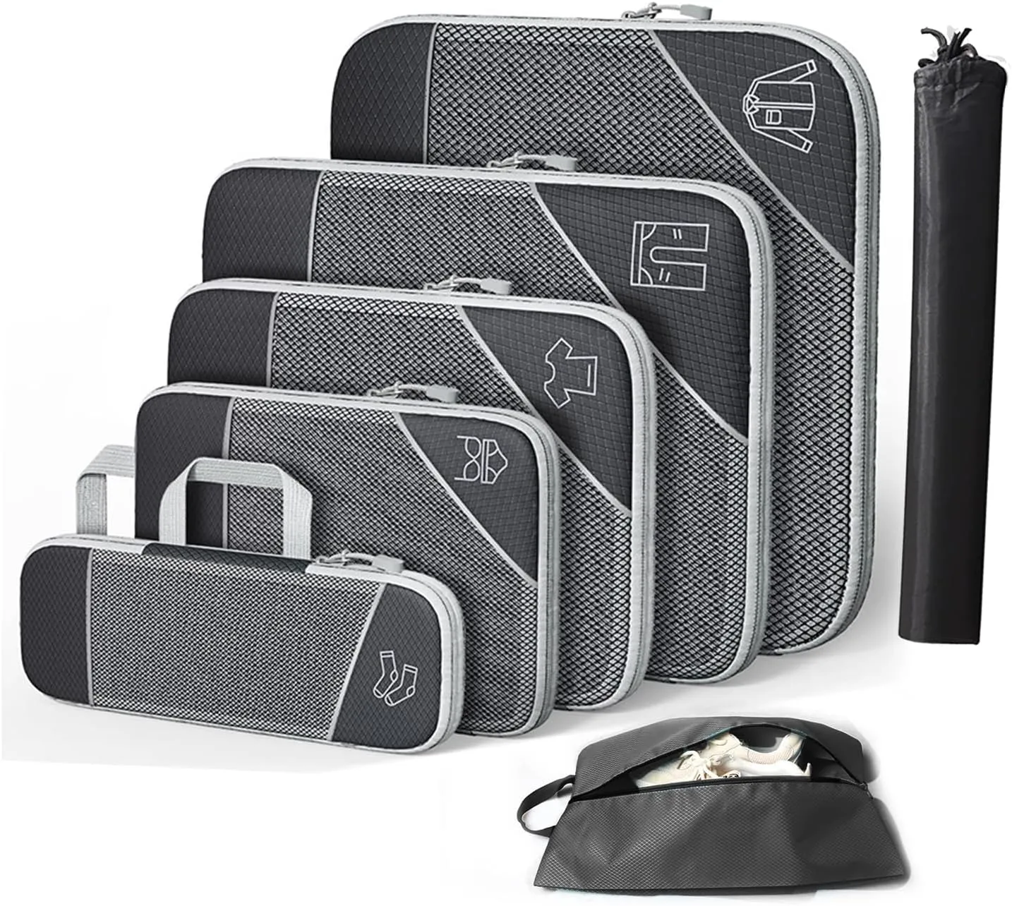 Barsine Packing Cubes Set of 7 Compression Suitcase Luggage Organizer Bags for Travel Accessories, Black